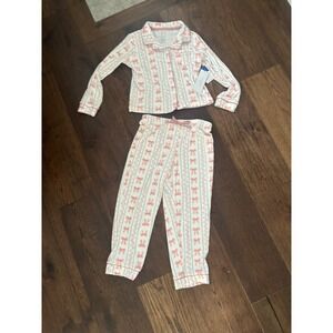 Tahari Girl Pink Bow Ribbed Pajama Set Long Sleeve Button Down 2 Piece NWT 7/8